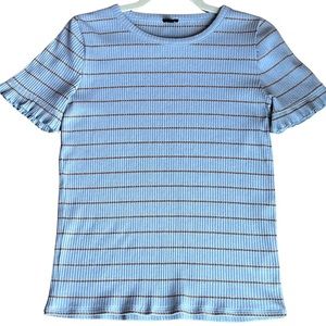 J Crew Top Sz S Scalloped Short Sleeves Blue with Gold Stripes Shirt Holiday Tee